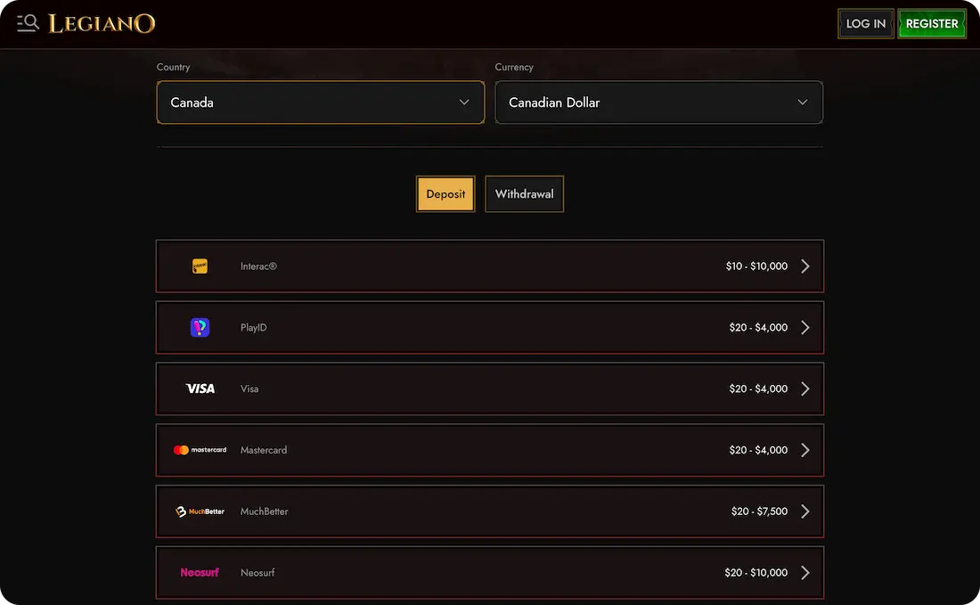 legiano casino payments